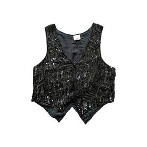 Vintage Elegance by Anujan Black Beaded Sequin Silk Rayon Lined Vest sz M